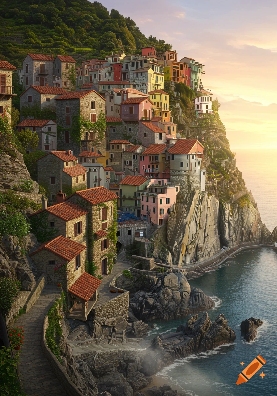 A scenic village of colorful stone buildings clinging to a lush green cliffside overlooking a calm sea at sunset.