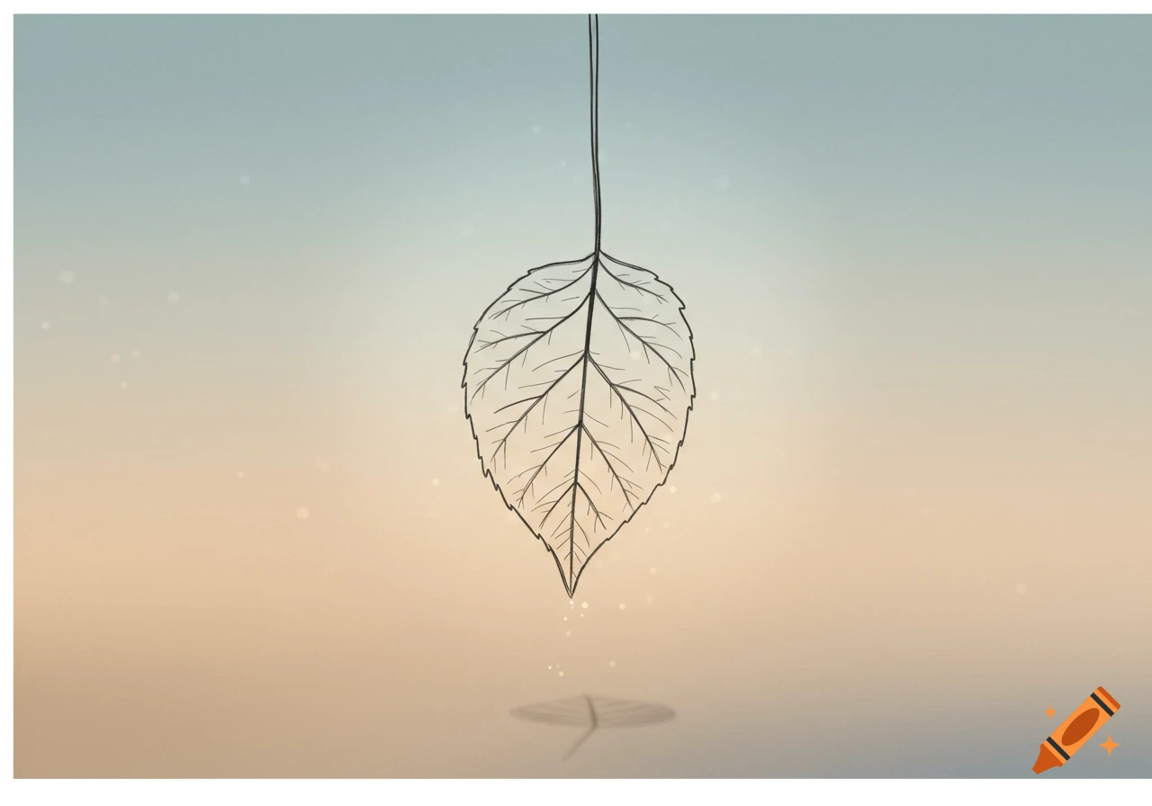 A minimalist line drawing of a single leaf hanging down, with its reflection below, against a light blue and orange gradient background.