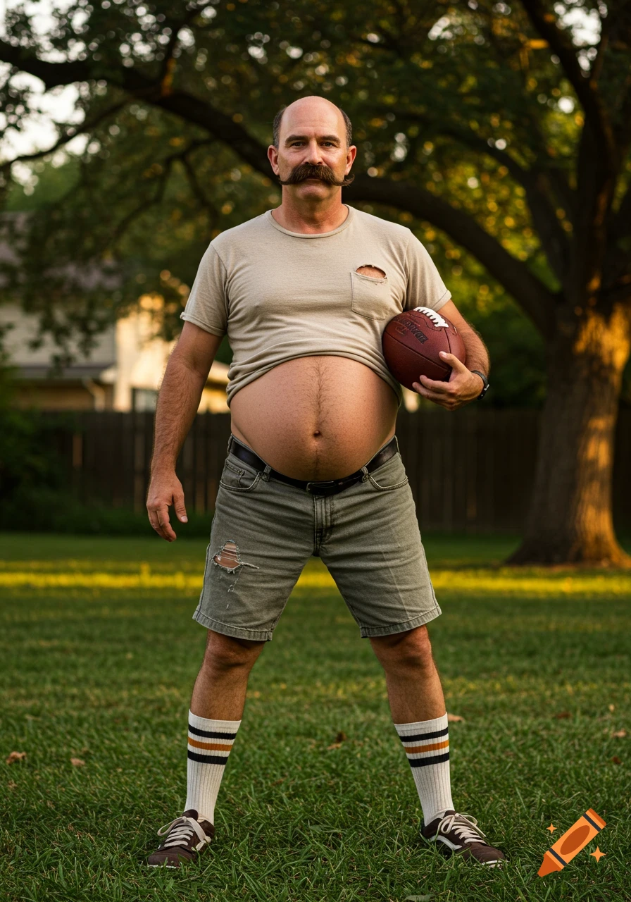 Balding man with a handlebar mustache, belly exposed by a ripped shirt, shorts, and tall socks, holding a football outdoors.