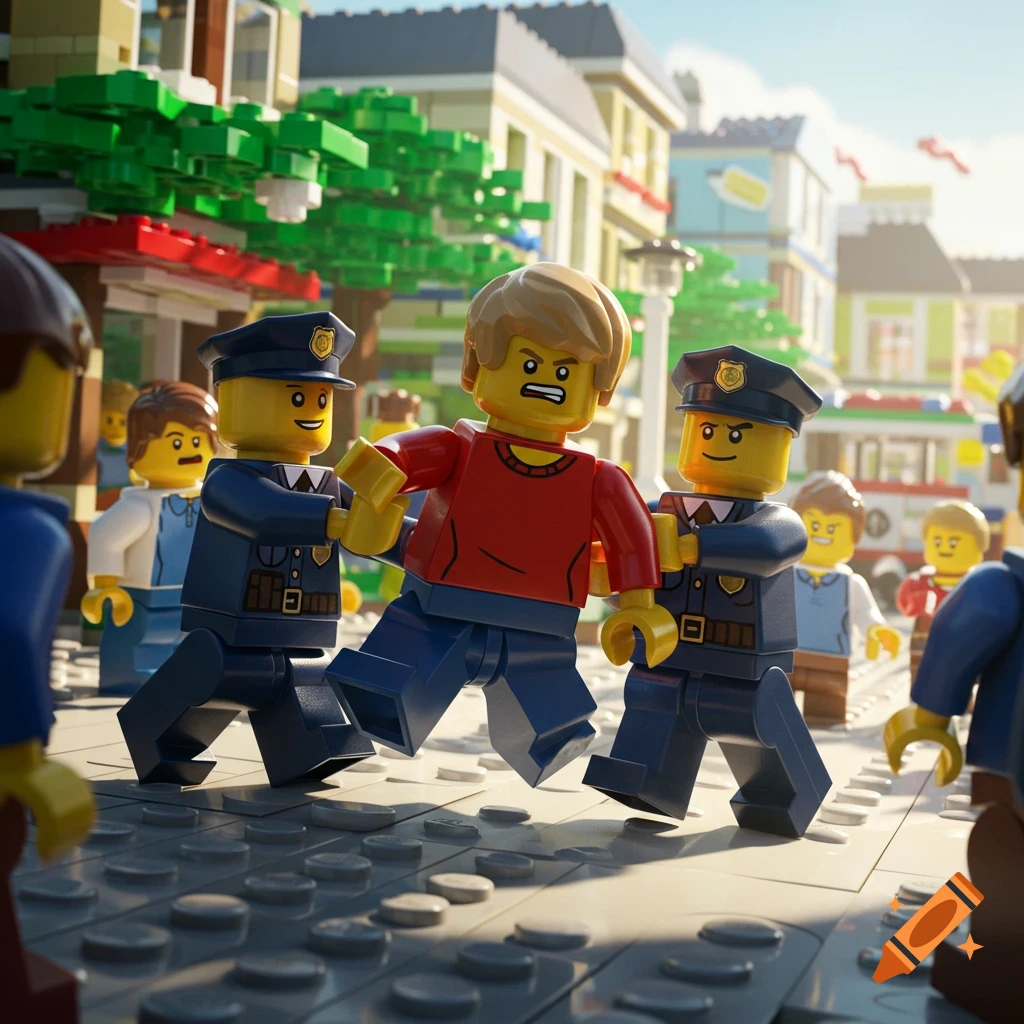 Lego police minifigures arresting a civilian minifigure with blonde hair on a bright Lego city street.