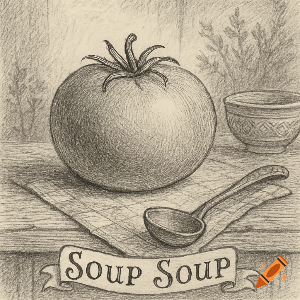 A black and white pencil drawing of a large tomato, a ladle, and a patterned bowl on a checkered cloth, with a banner reading "Soup Soup" below.