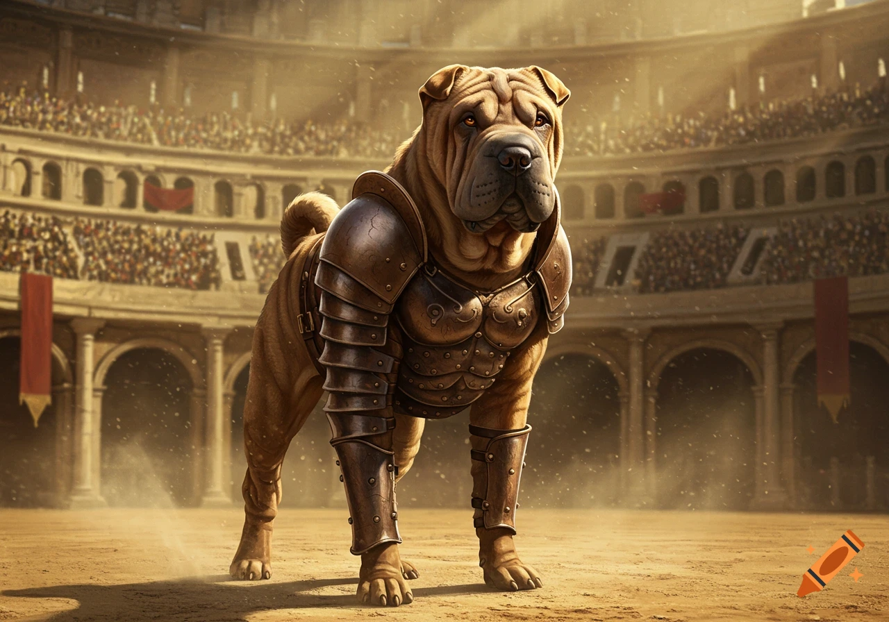 A majestic Sharpei dog stands in an ancient arena wearing gladiator armor, with a blurred crowd in the background.