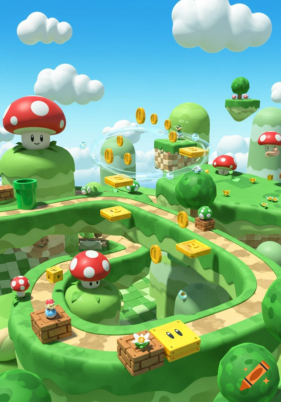 A vibrant 3D rendered Super Mario Bros-style level with green hills, floating islands, coins, mushrooms, and item blocks under a blue sky.