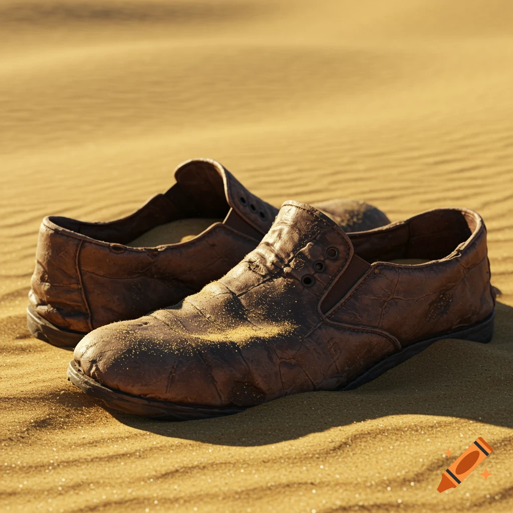 Close-up of a pair of extremely battered brown leather slip-on shoes partially covered in sand in a desert environment.