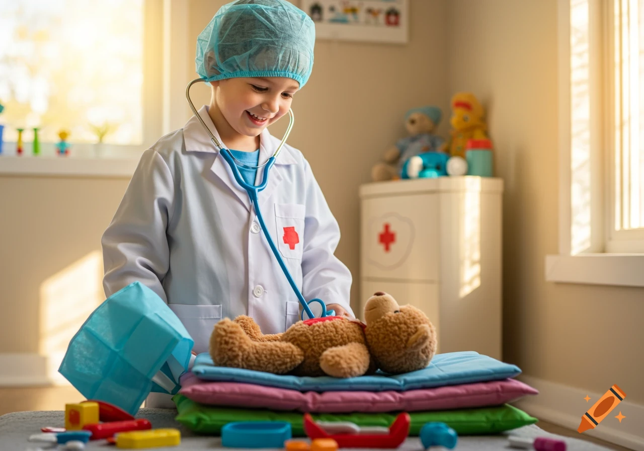 A smiling boy in a surgeon's cap and lab coat uses a stethoscope to examine a teddy bear.
