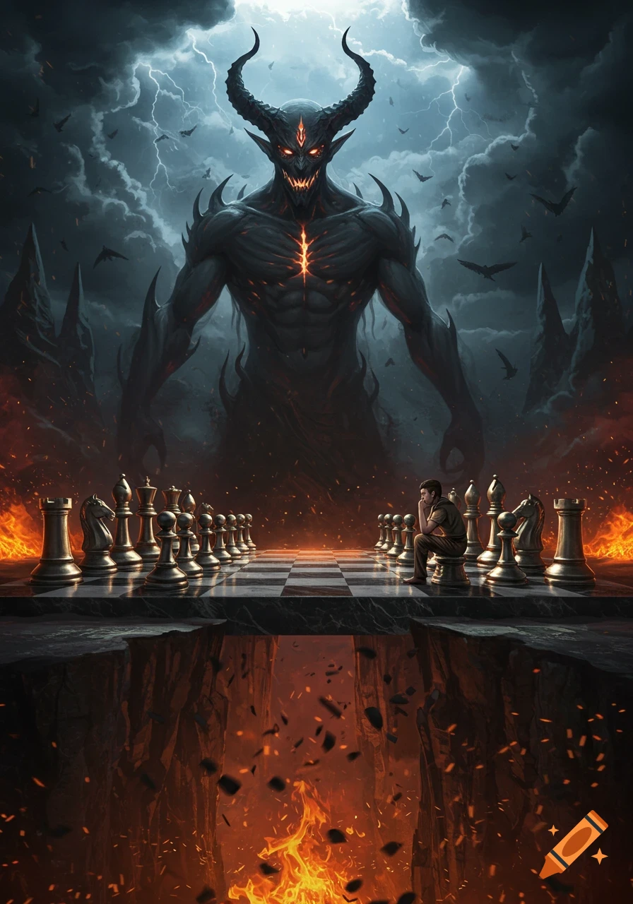 A giant demon with horns and glowing eyes overlooks a man playing chess on a board above a fiery chasm, under a stormy, lightning sky.