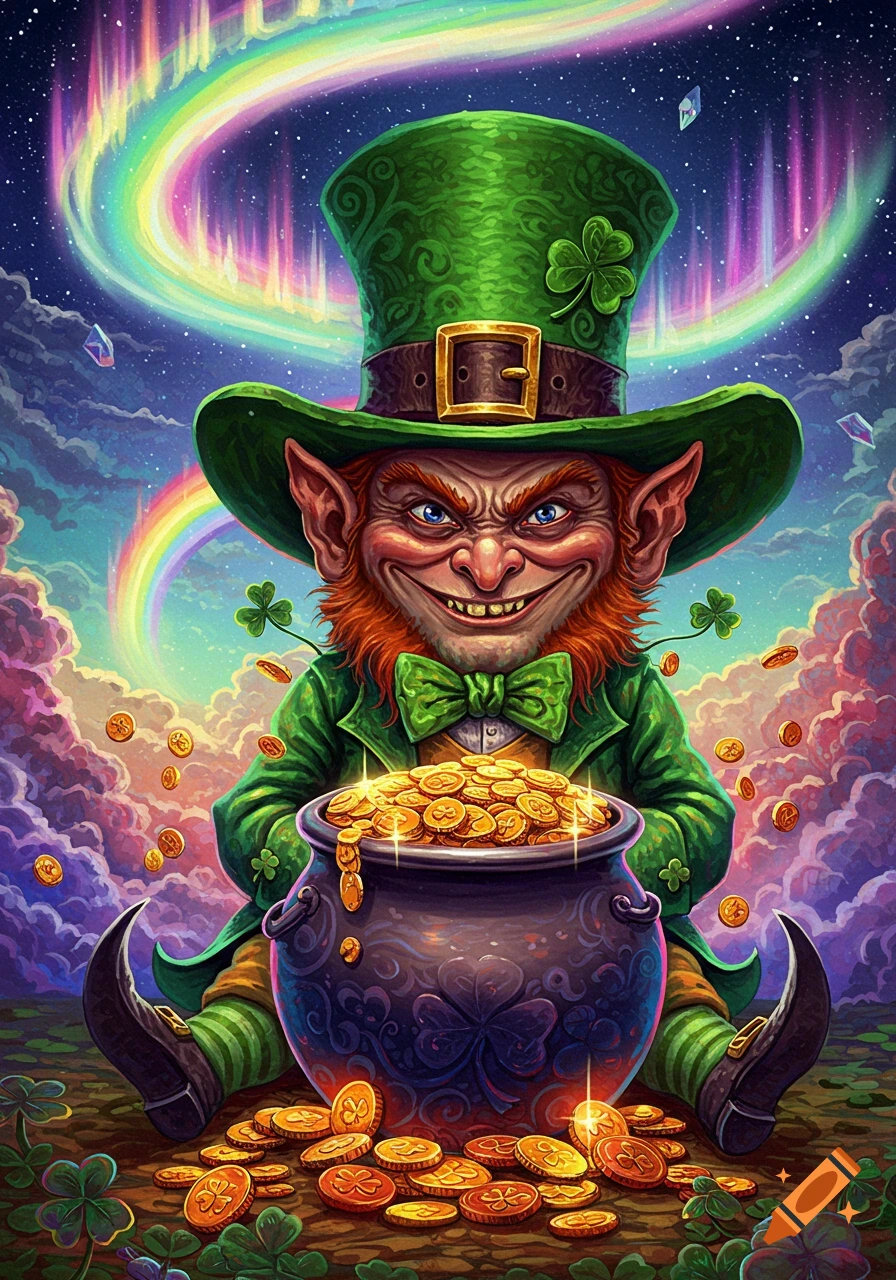 Grinning evil leprechaun with pot of gold and coins under a starry, psychedelic sky with vibrant rainbows and aurora.