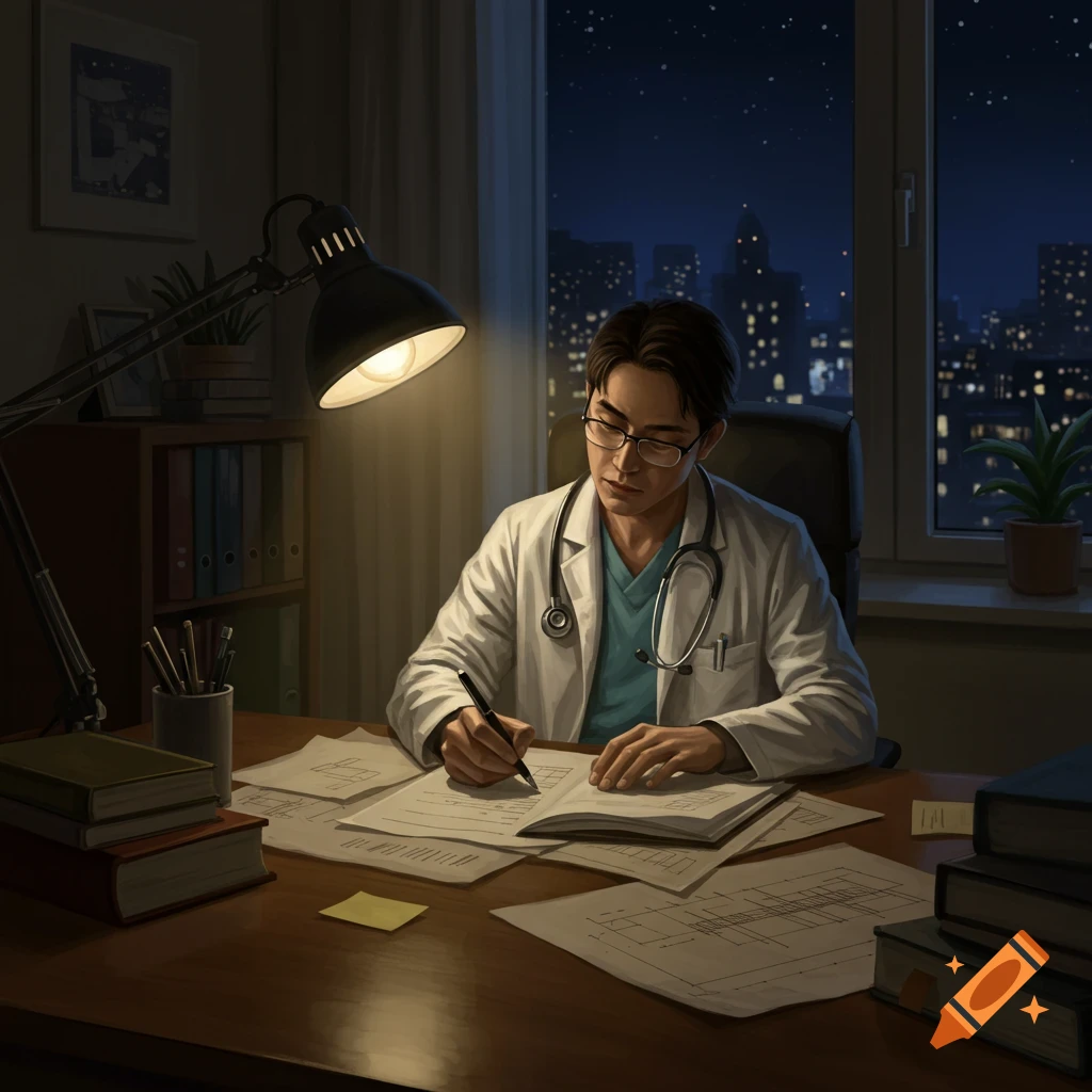 An illustration of a doctor in glasses and a lab coat working at a desk at night, with papers, books, and a city view outside the window.