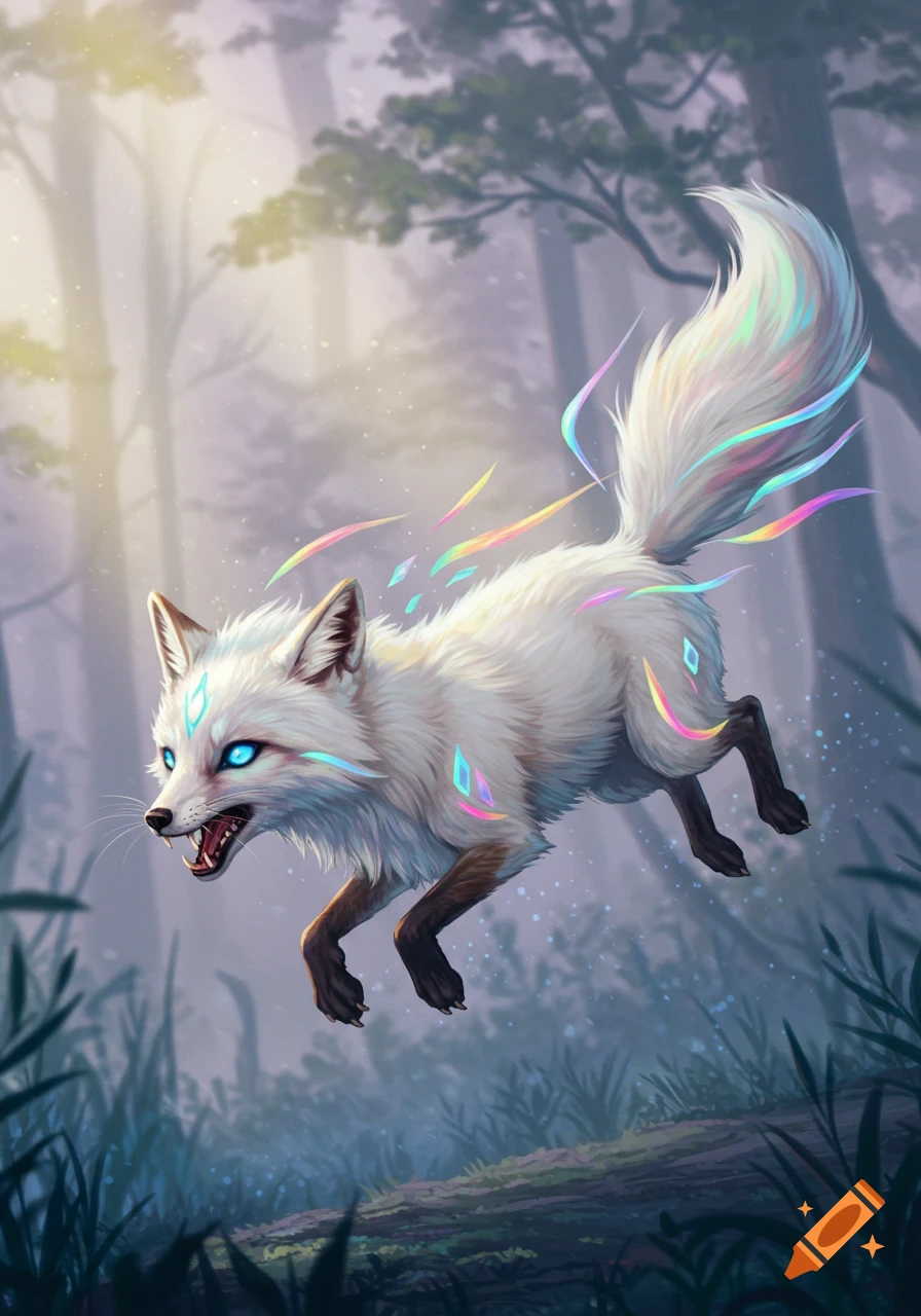 A white fox with glowing blue eyes and rainbow accents leaps through a misty forest.