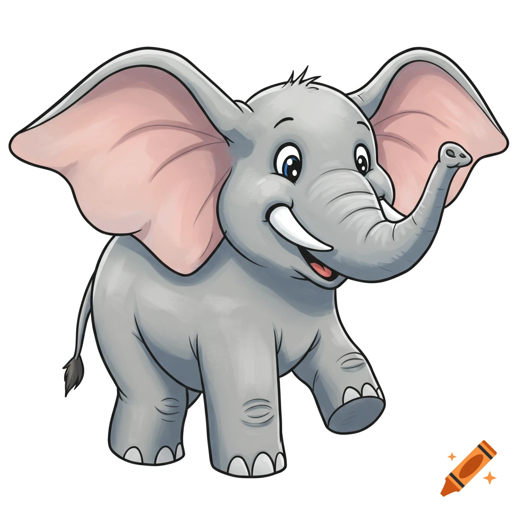 A cartoon elephant walking with its trunk raised on a transparent background.