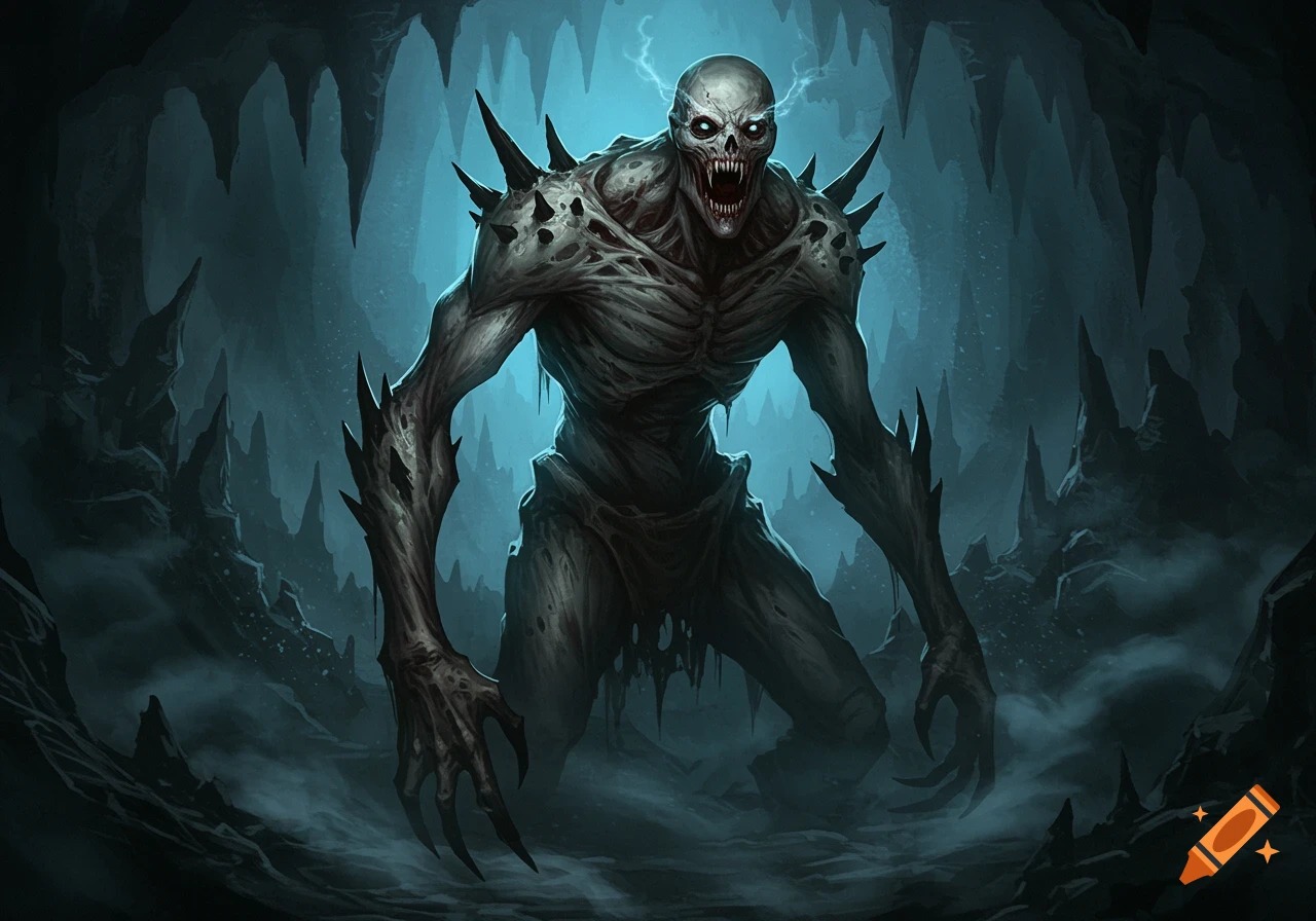 A grotesque, skeletal monster with glowing white eyes, sharp teeth, and bony spikes stands in a dark, misty cave with jagged stalagmites.