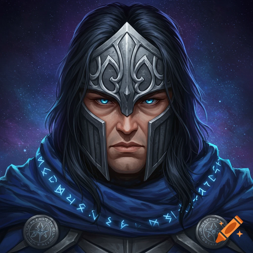 A close-up portrait of a dark-haired knight wearing an ornate silver helmet and blue glowing eyes, with a blue cloak adorned with runes, against a starry cosmic background.
