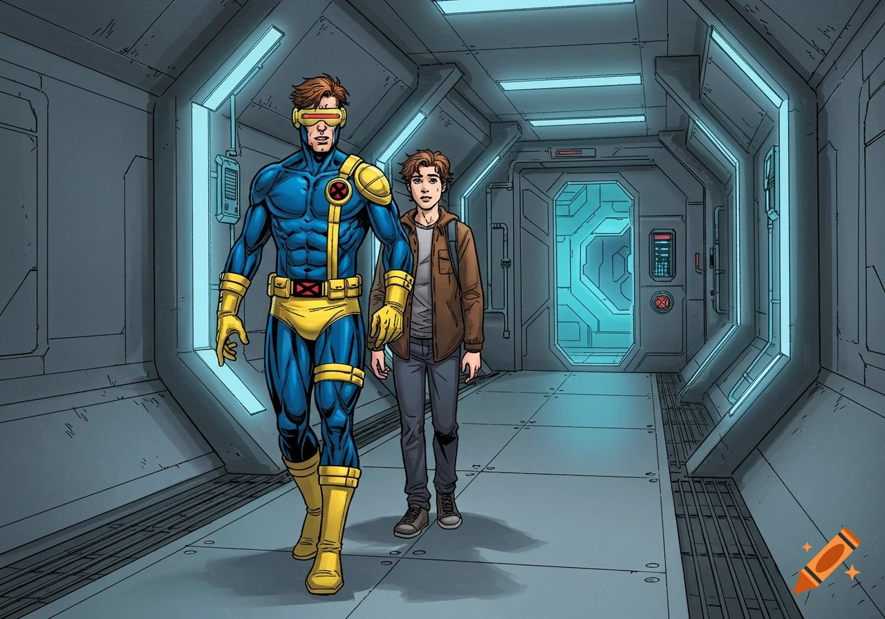 Cyclops and a young man walk down a futuristic corridor in a comic book art style.