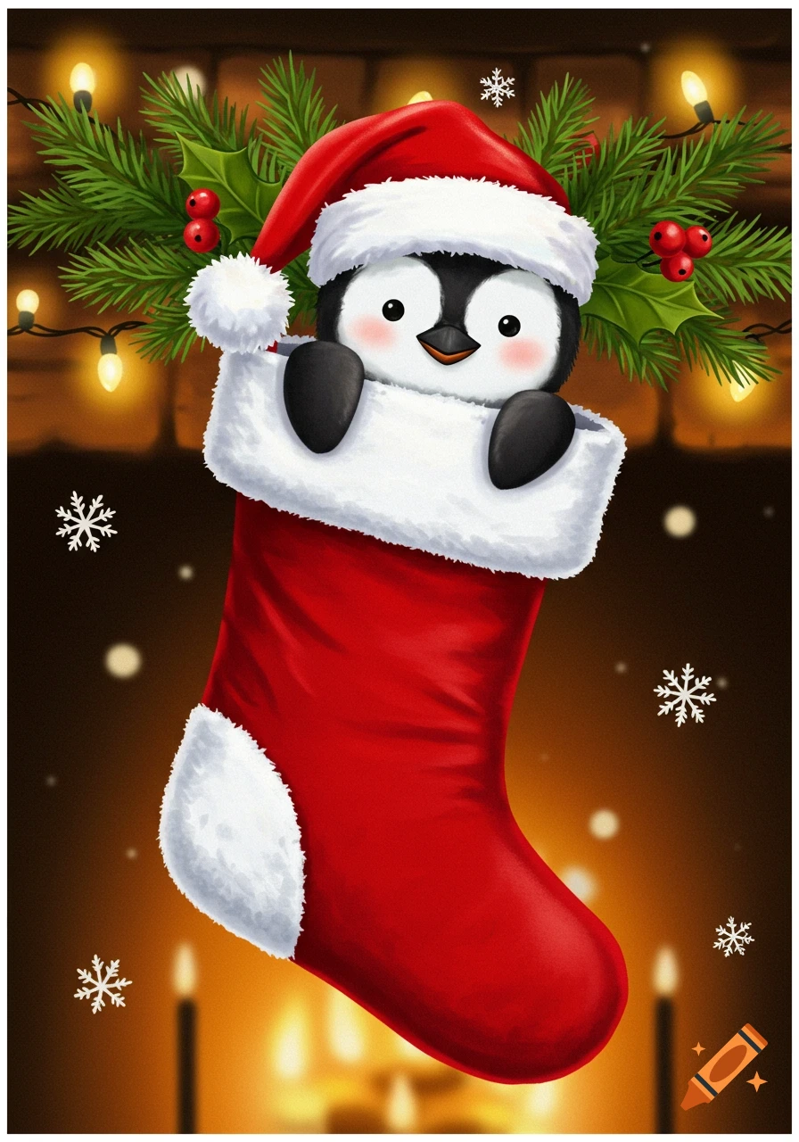 A cute cartoon penguin in a Santa hat peeks out of a red and white Christmas stocking, surrounded by festive greenery, lights, and snowflakes against a warm, blurred background.