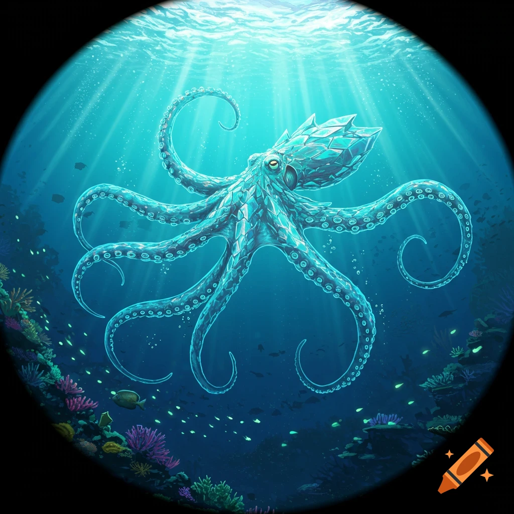 A vibrant, faceted blue octopus swims in bright ocean water with sun rays. Coral reefs and tiny fish are visible below.