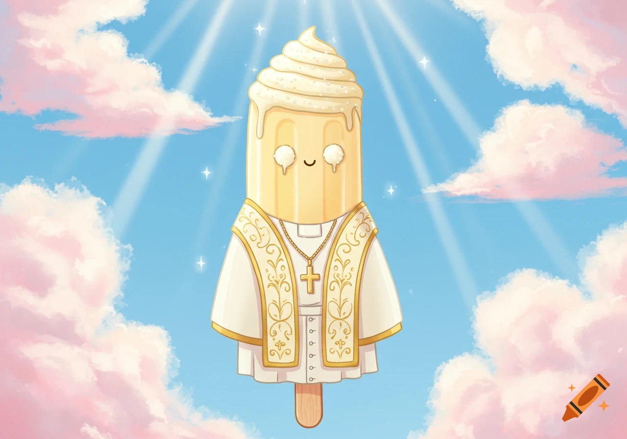 Cartoon popsicle dressed as a pope, with a whipped cream top and a cross necklace, floating in a blue sky with pink clouds and sun rays.