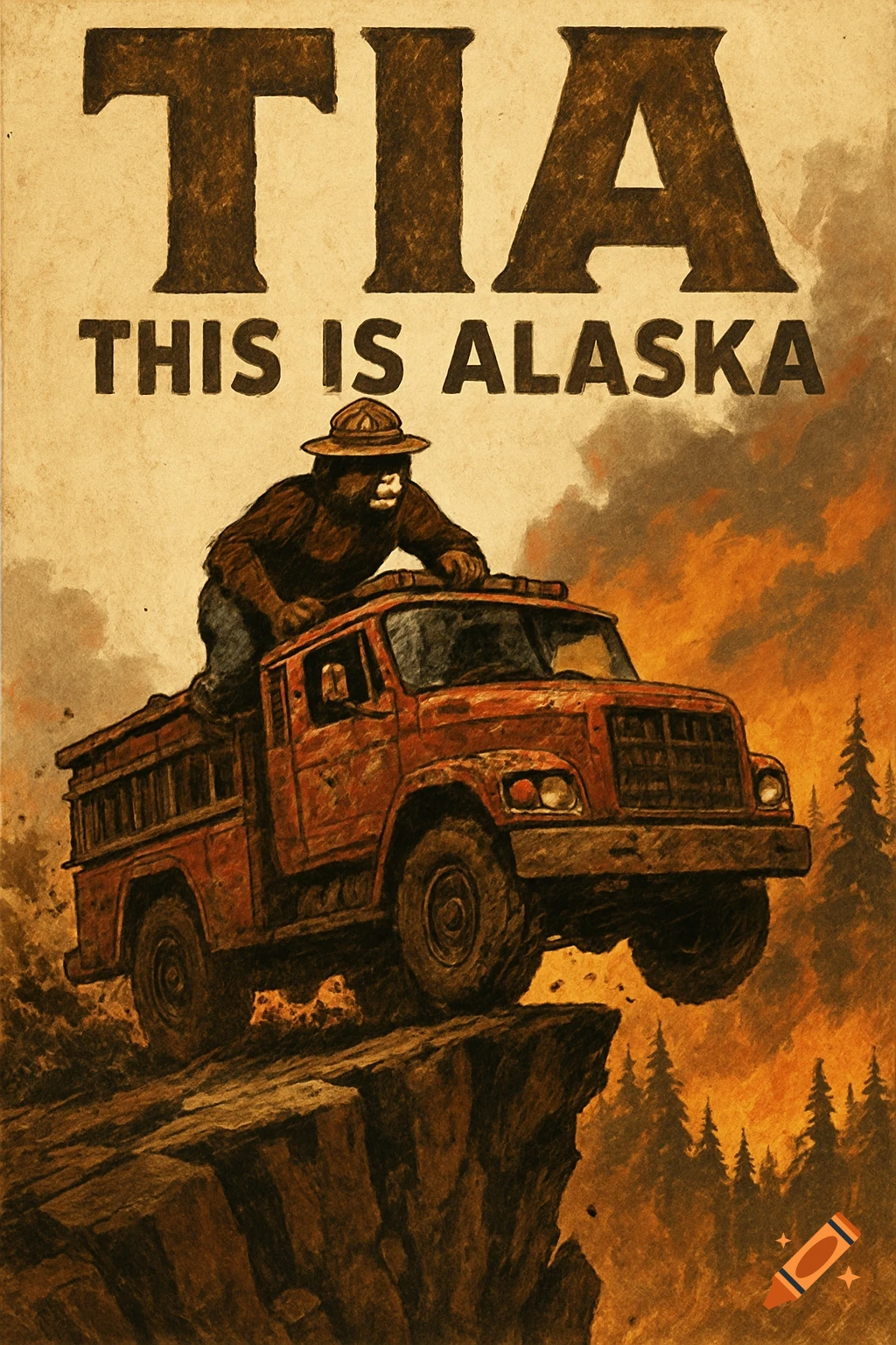 A vintage-style poster shows Smokey Bear on a beat-up red fire engine driving off a cliff, with text "TIA THIS IS ALASKA".