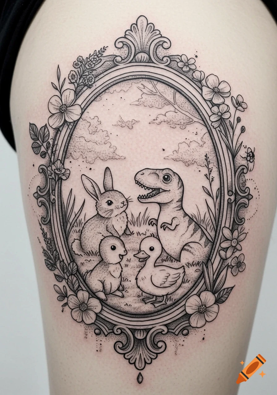 A black and grey tattoo of a whimsical scene featuring a bunny, T-Rex, and two ducklings inside an ornate gothic frame with surrounding wildflowers and leaves.