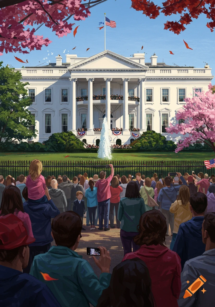 A crowd gathers in front of the White House under a clear sky with blossoming trees, an American flag waving above.