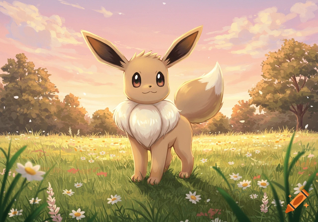A cute Eevee, a brown fox-like Pokémon with a fluffy collar, stands in a vibrant green field filled with white and pink flowers under a sunset sky.