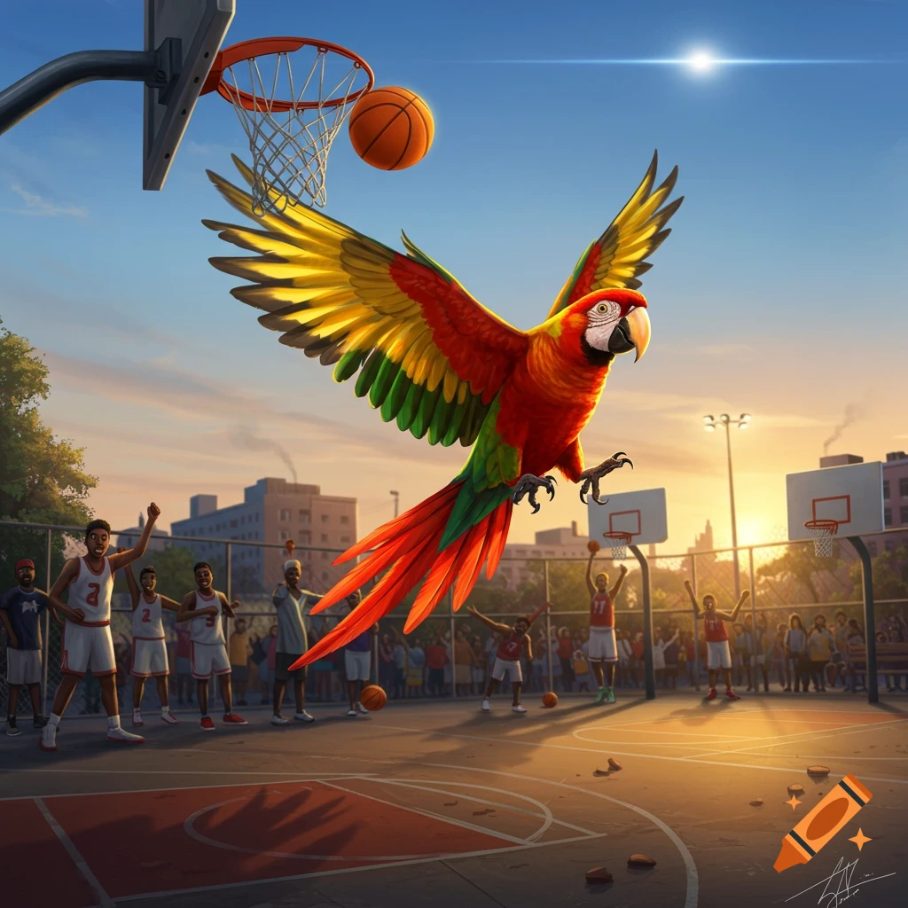 A large, colorful parrot flies with a basketball towards a hoop on an outdoor court at sunset, with players and spectators watching.