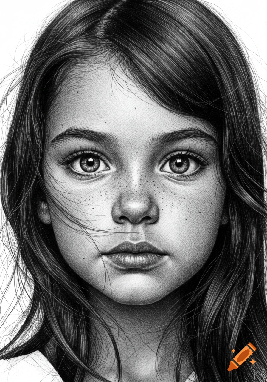 A detailed black and white pencil drawing of a young girl's face with freckles and long hair.