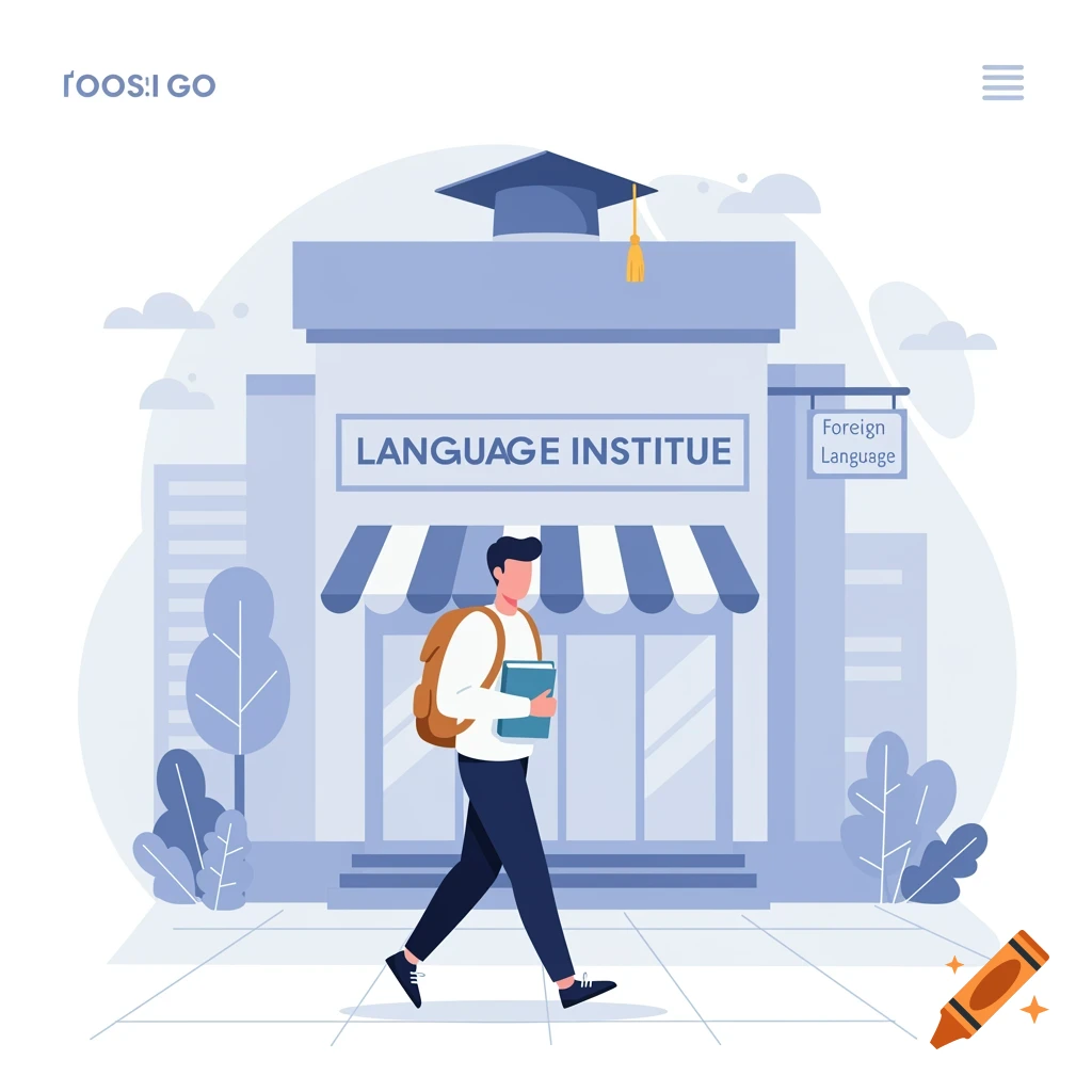 An illustration of a student with a backpack and books walking towards a language institute building with a graduation cap on top.