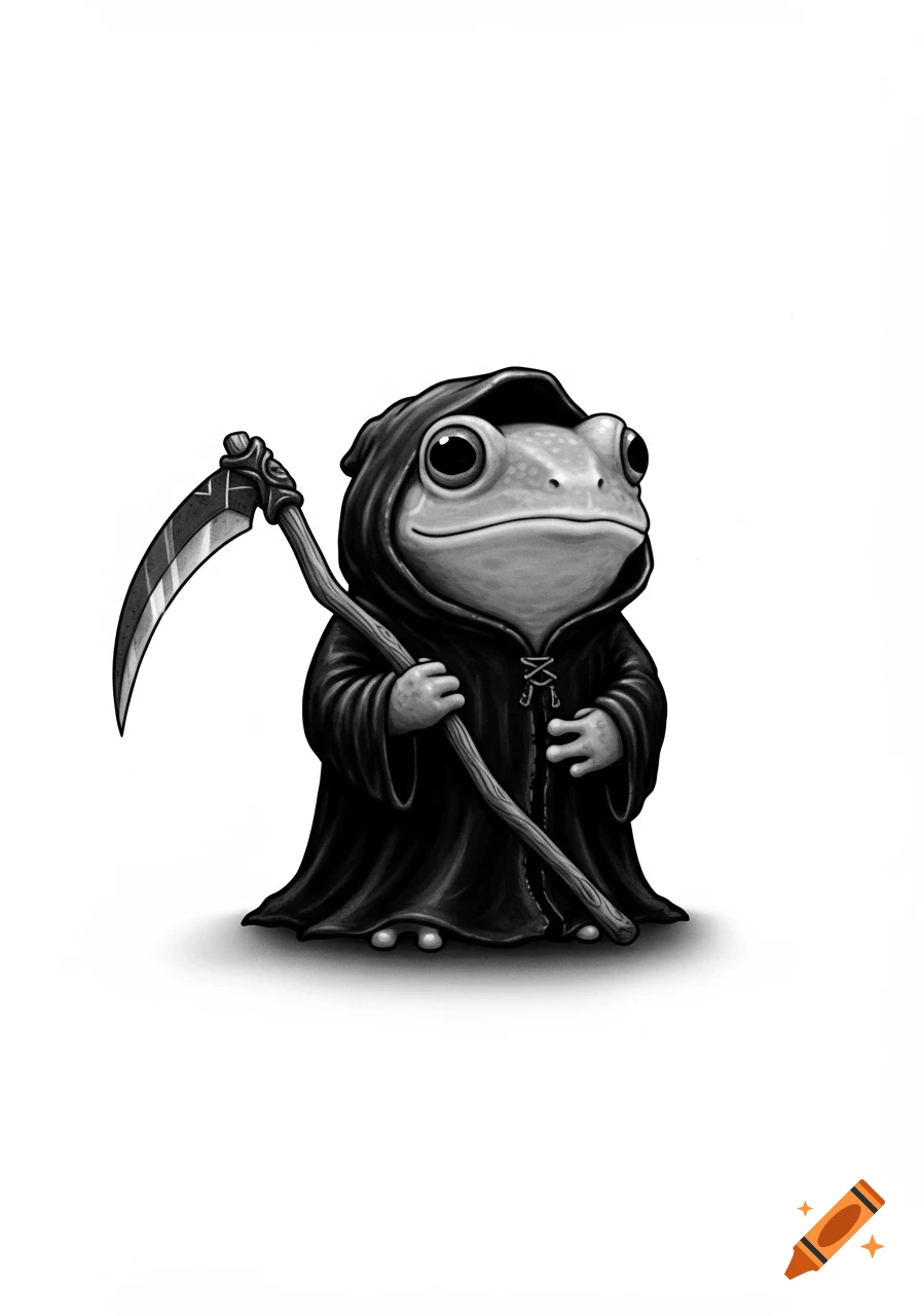 A black and white illustration of a cute frog dressed as the grim reaper holding a scythe on a white background.