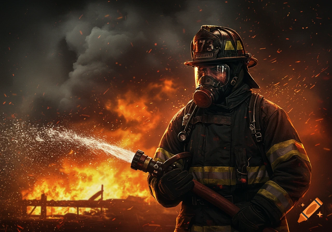 A firefighter in full gear, wearing a gas mask, sprays water from a hose towards a large fire with smoke and sparks in the background.