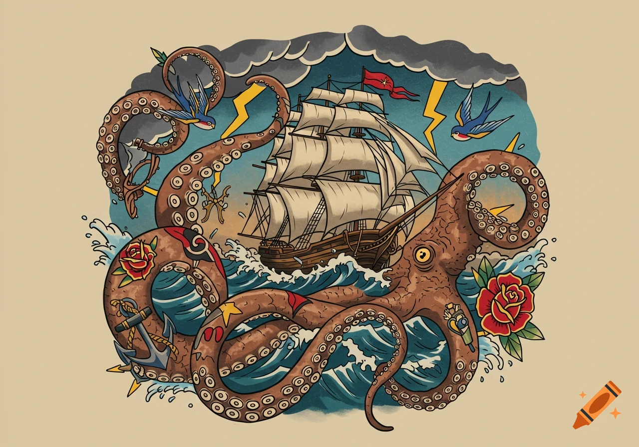 A vintage-style Sailor Jerry tattoo illustration depicts a brown kraken battling a sailing ship in a stormy sea, with swallows and roses.