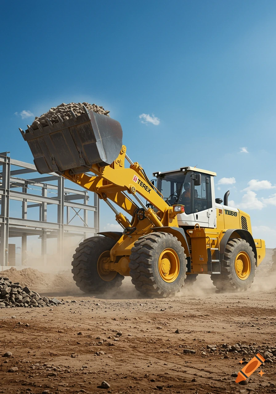Photorealistic yellow and white wheel loader lifting a bucket of rocks at a dusty construction site under a blue sky.