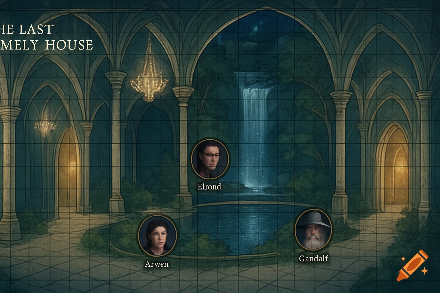 Gridded fantasy map of an Elven-style interior with arches, waterfall, and character portraits of Elrond, Arwen, and Gandalf.