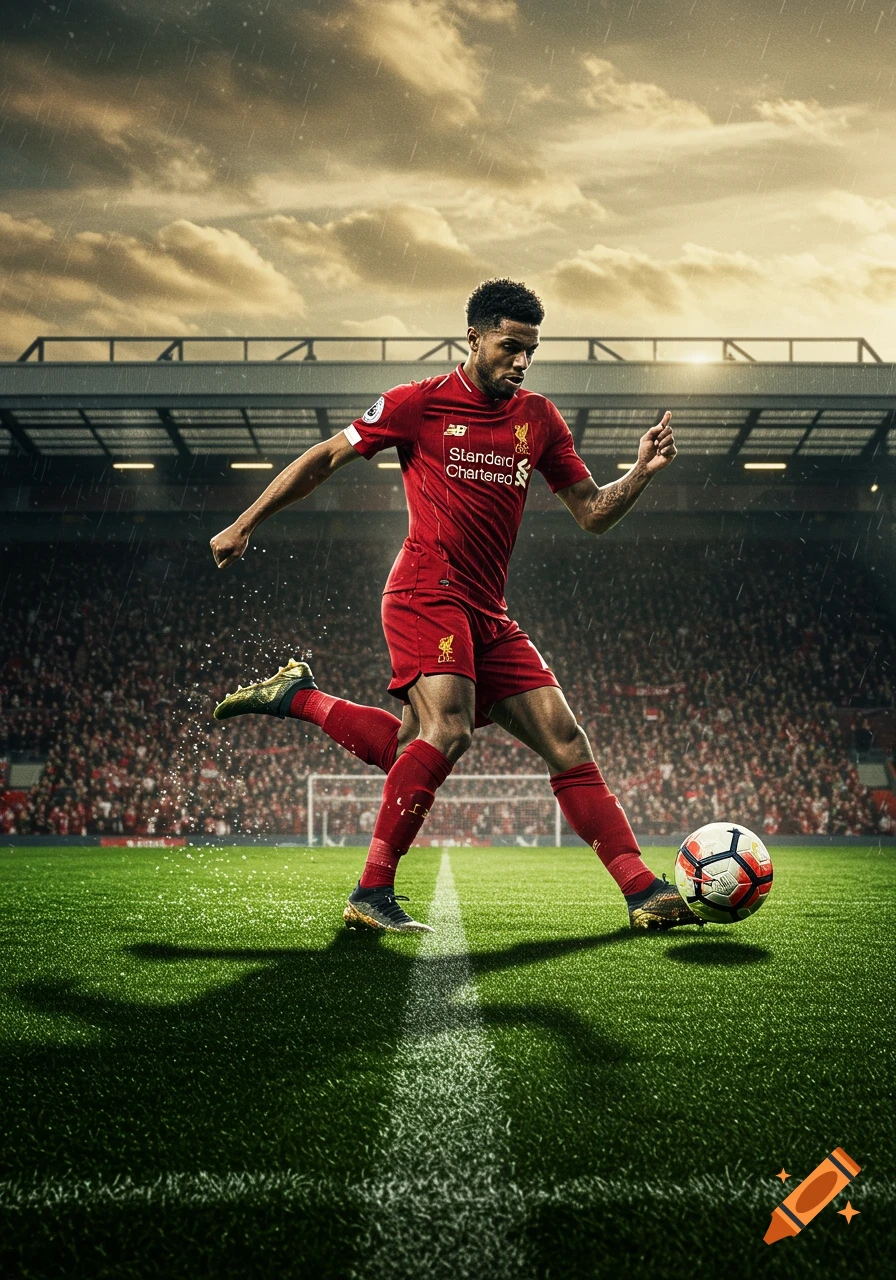 A photorealistic image of a football player in a red jersey kicking a soccer ball on a rainy field inside a stadium.