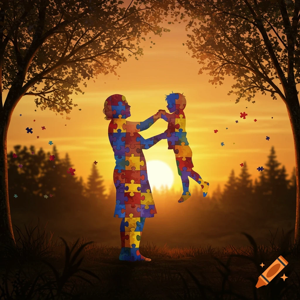 Silhouette of a mother and child made of colorful puzzle pieces, spinning against a sunset, framed by trees with puzzle piece leaves.