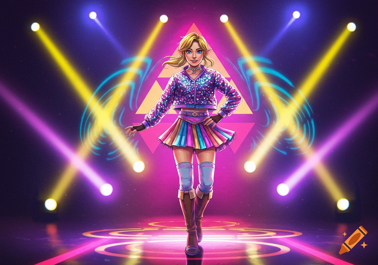 Link from Zelda in a sparkling K-pop outfit, standing on a colorful stage with neon lights and a glowing Triforce.