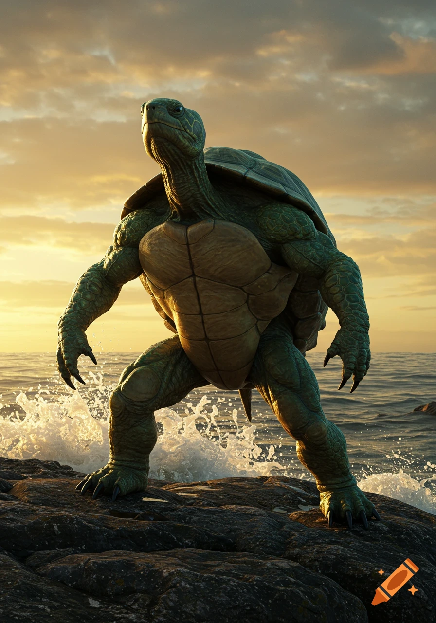 A muscular, anthropomorphic turtle stands powerfully on coastal rocks with waves crashing at sunset, in a photorealistic style.