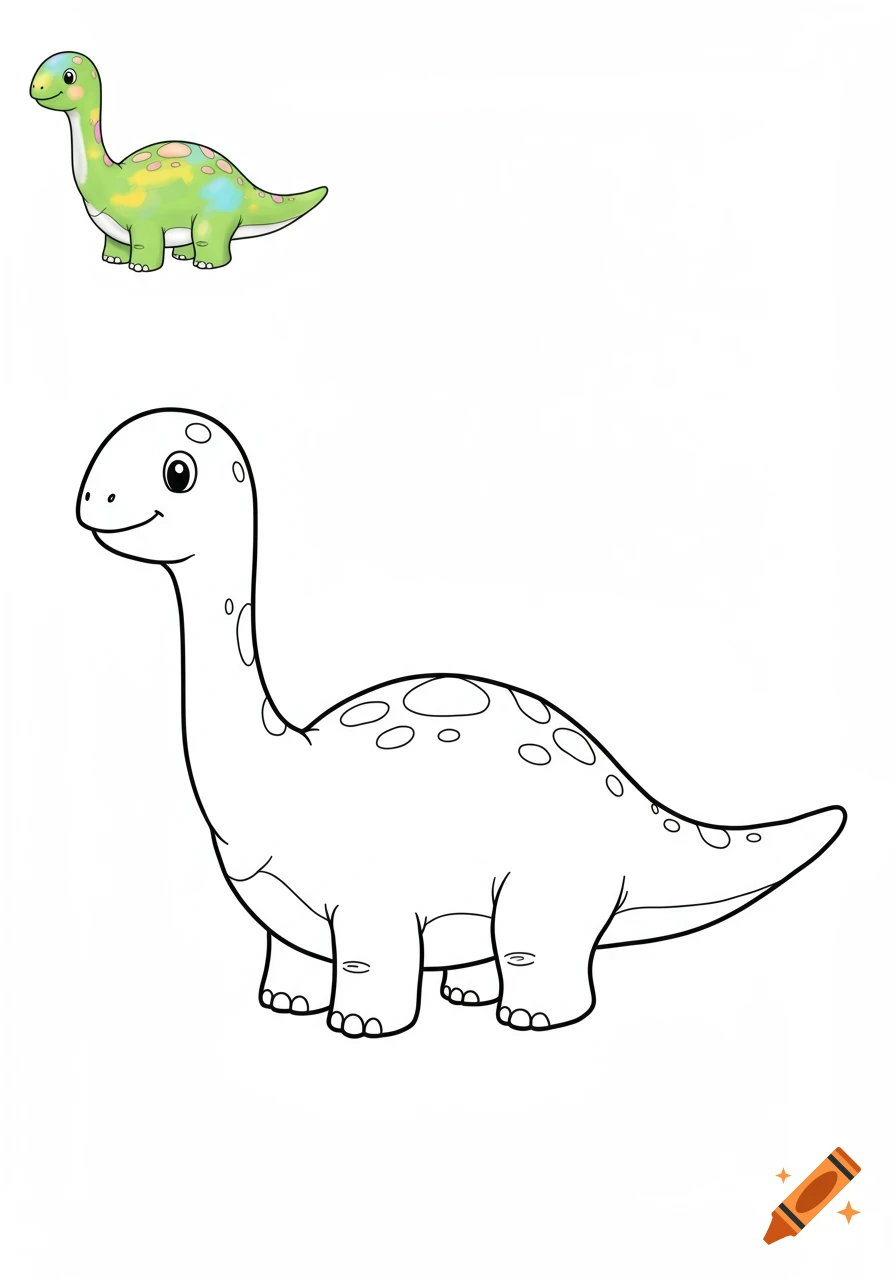 A large black and white outline drawing of a cute cartoon dinosaur with a small colorful version in the top left corner.