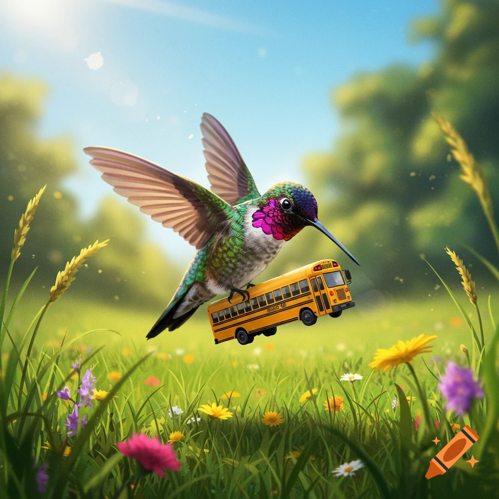 A colorful hummingbird flies through a sunny, grassy field, carrying a yellow school bus.
