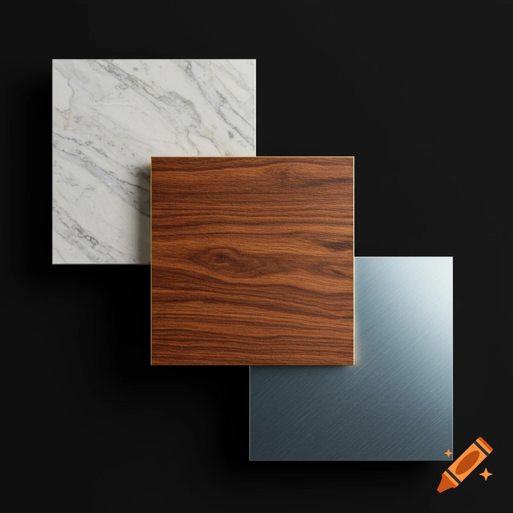 Three squares with marble, wood, and brushed metal textures on a black background.