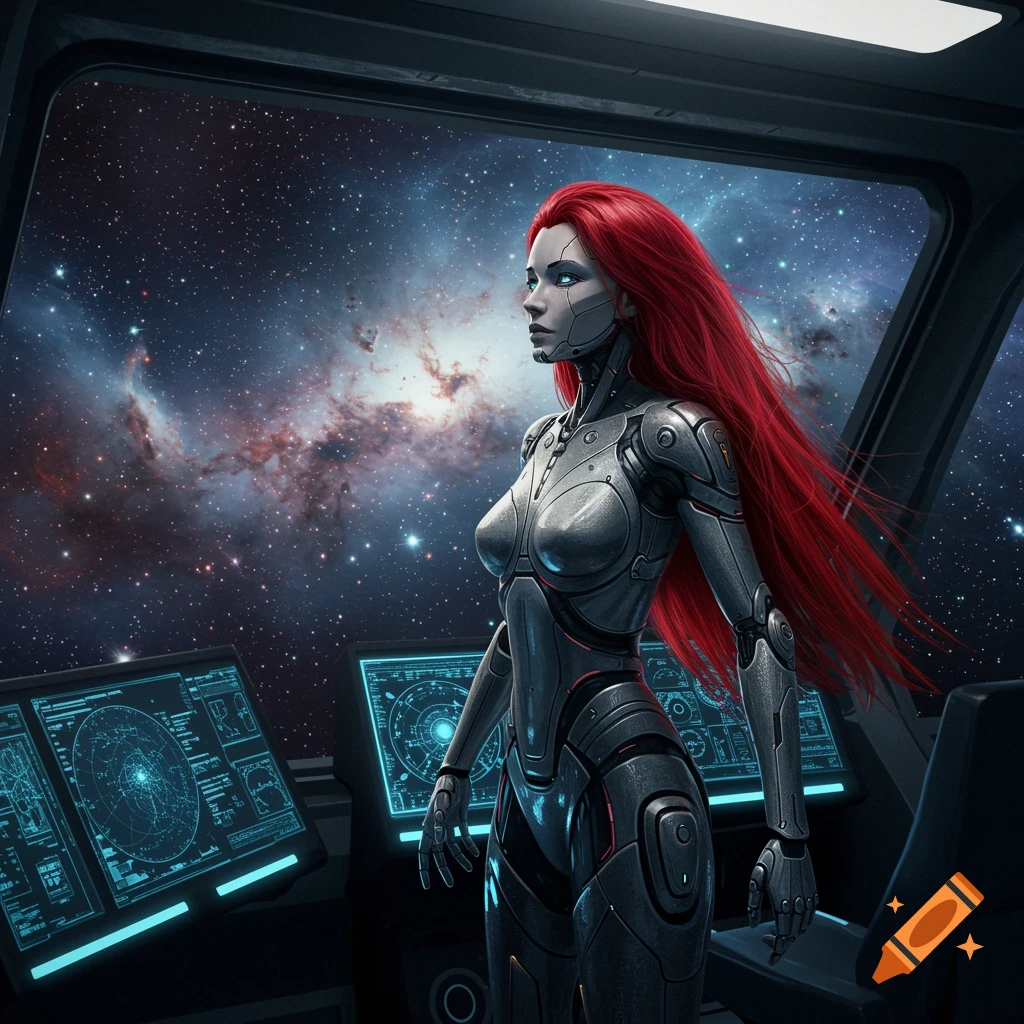A red-haired android in a futuristic suit stands in a spaceship cockpit, looking out at a galaxy.