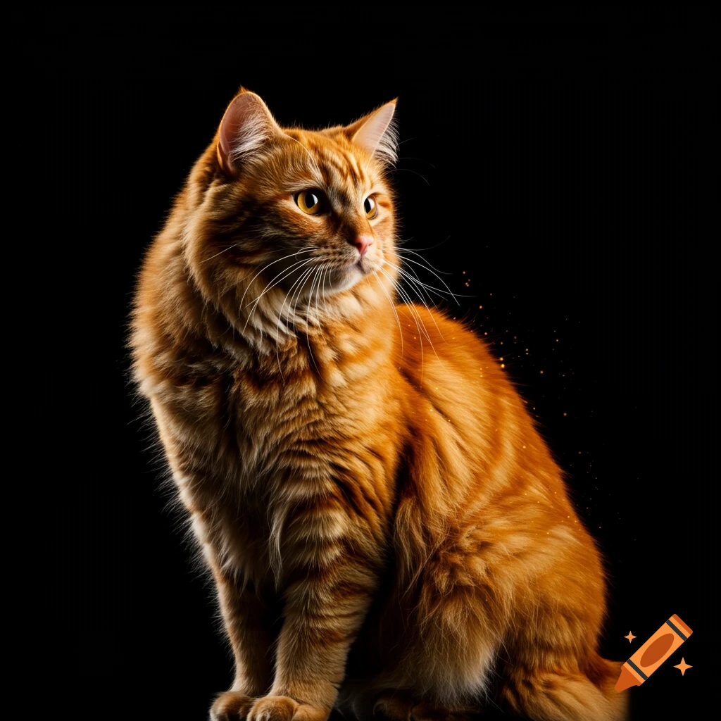 A fluffy ginger cat sits against a black background, looking to the right.