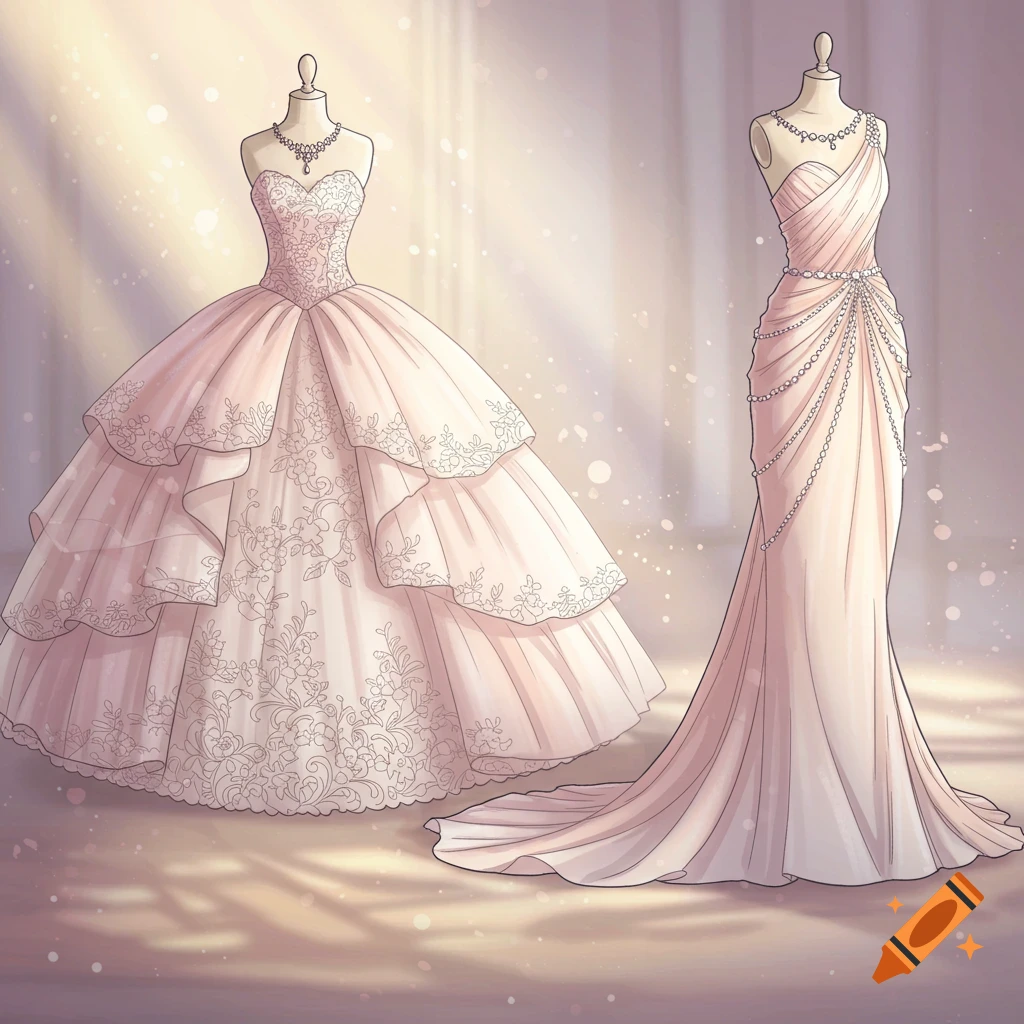 Two light pink fancy dresses, a ball gown and a fitted draped gown, on mannequins in an illustrative style.