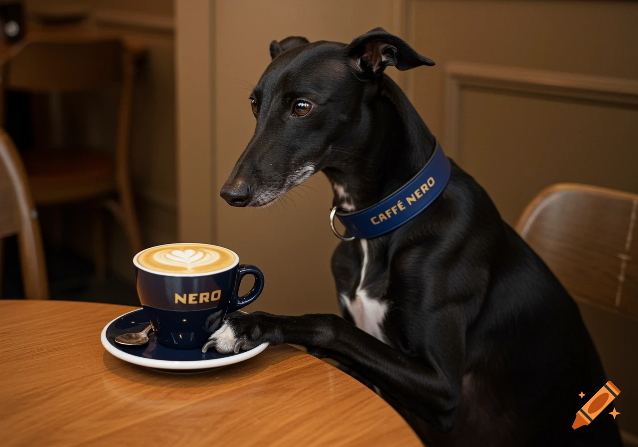 A black greyhound in a blue 'Caffè Nero' collar sits at a wooden table next to a coffee cup with 'Nero' written on it.