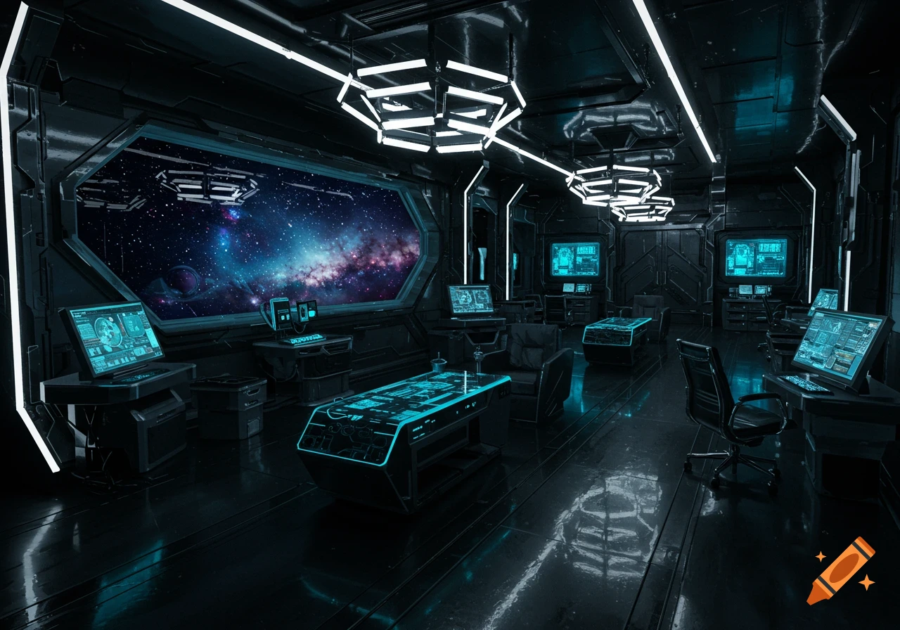 An empty, dark futuristic spaceship interior with neon blue high-tech displays and a large window showing a galaxy view.