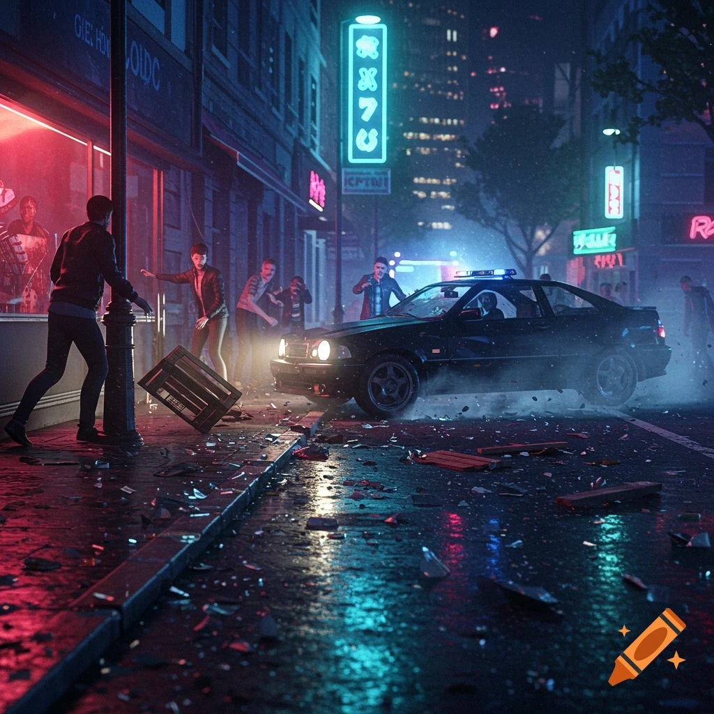 Nighttime photorealistic street scene with a black car stopped amidst debris on a wet road, surrounded by people and neon signs.