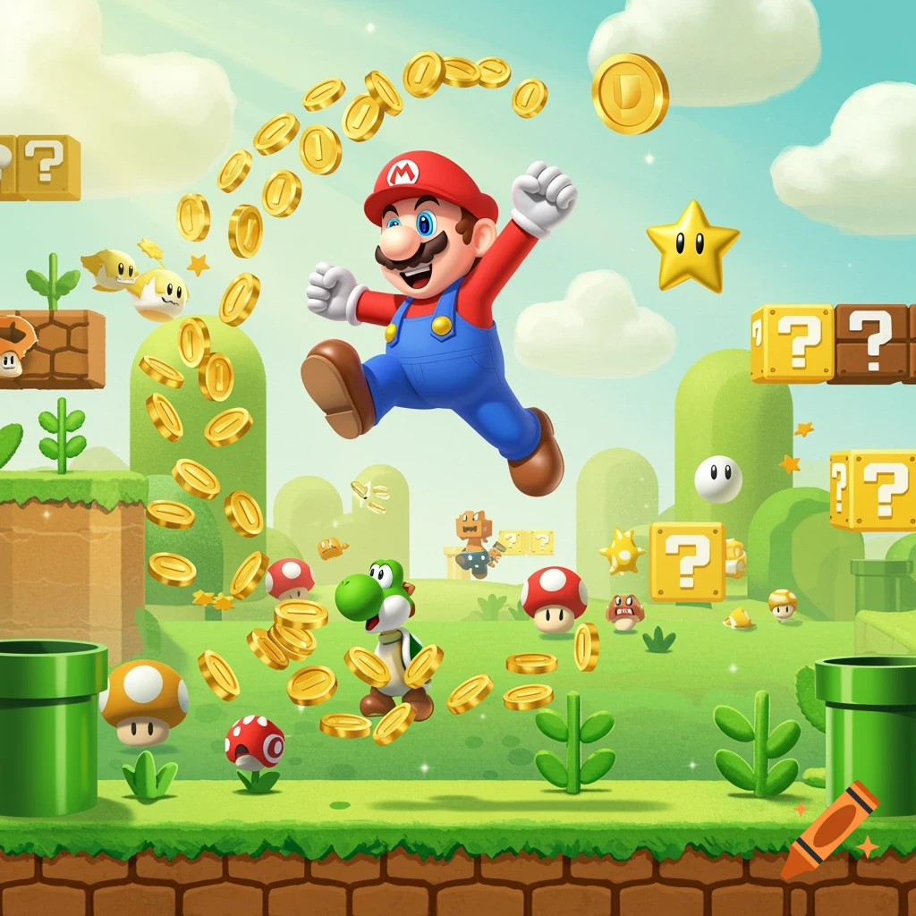 Mario jumps in a vibrant Super Mario Bros. level, surrounded by floating gold coins, question blocks, and other characters.