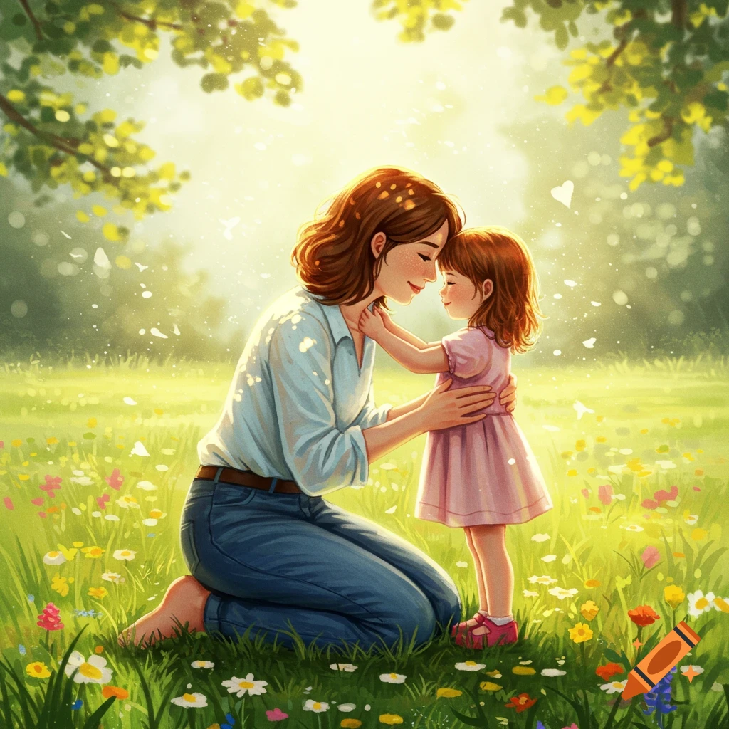 A heartwarming illustration of a mother embracing her daughter in a sunlit field filled with colorful wildflowers.