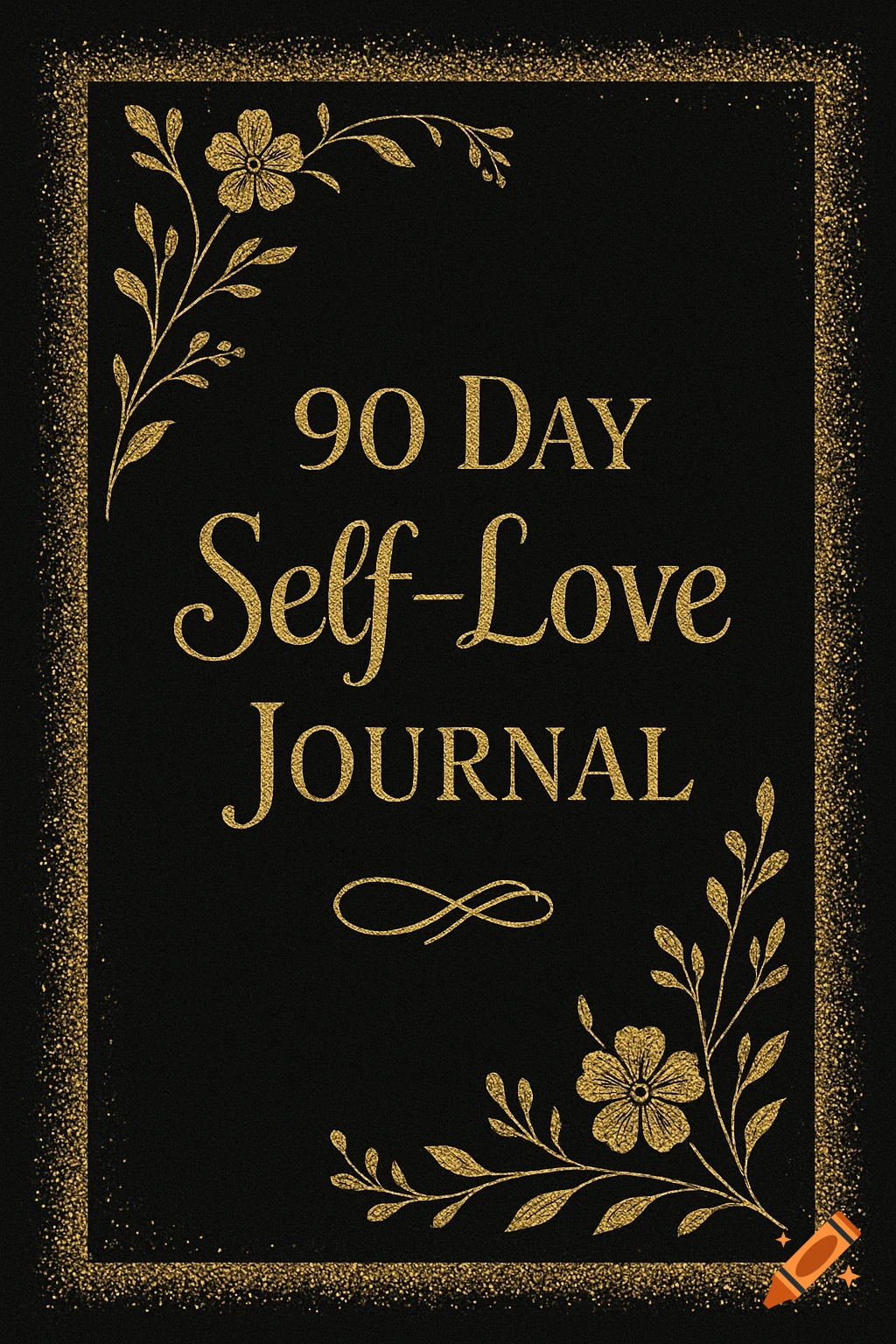 A black journal cover with golden glitter text '90 Day Self-Love JOURNAL' and ornate golden floral designs in the corners.