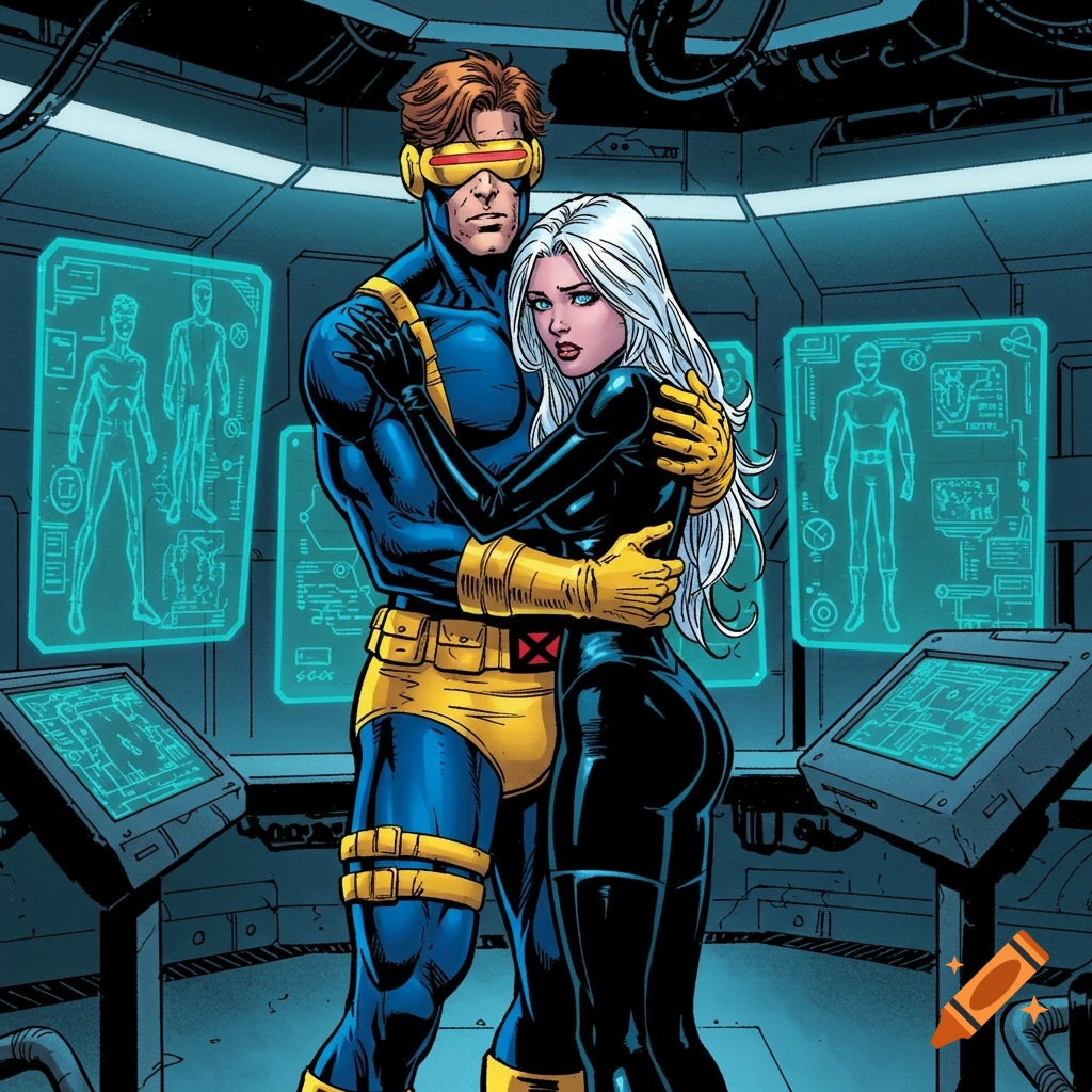Comic art of Cyclops hugging a white-haired woman in black uniform in a sci-fi danger room.