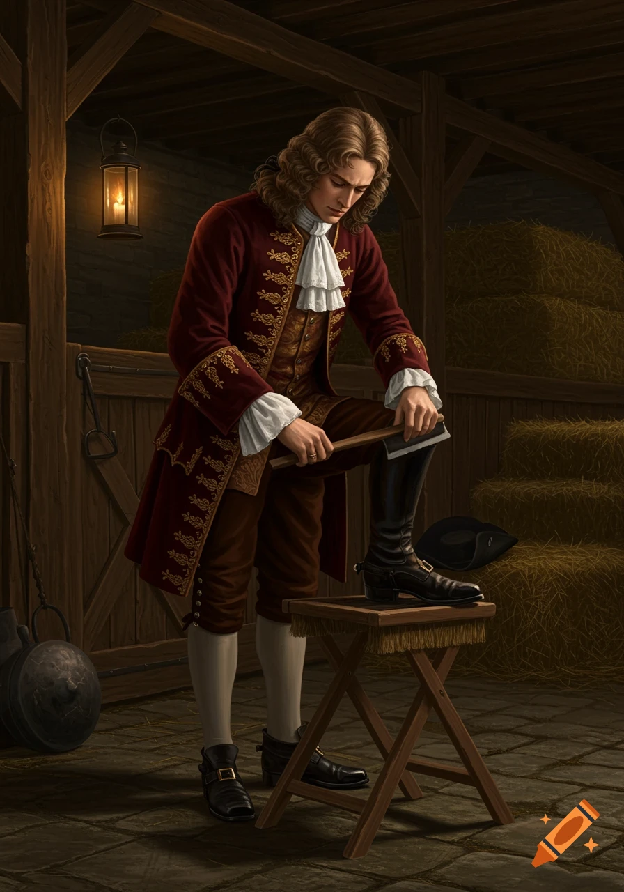A finely dressed Stuart gentleman meticulously cleans his tall riding boots on a wooden stand inside a dimly lit barn.